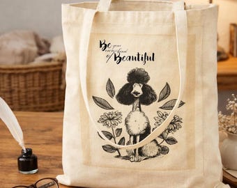 Vintage Poodle Tote Bag: Cotton Canvas, Botanical Illustration, Inspiring Message