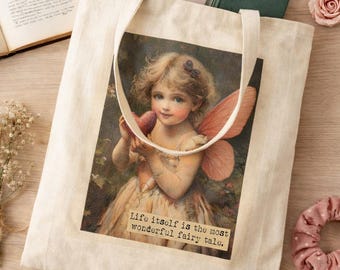 Vintage Fairy Tote Bag: Cottagecore Art, Cotton Canvas Book Lover Bag