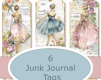 Romantic Victorian Lady Ephemera Tags Hand Drawn Style Pink Rose Junk Journal Set