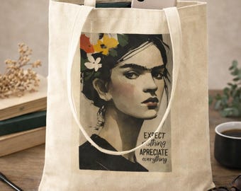 Frida Inspired Portrait Tote Bag Cotton Canvas Art Tote Expect Nothing Appreciate Everything
