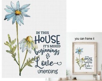 Love Unending Blue Watercolor Flowers Printable Cross Stitch Pattern Embroidery Home Decor Needlework Floral Family