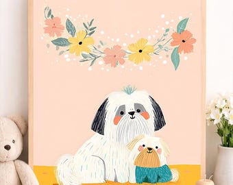 Mother and Puppy Dog Nursery Wall Art Printable 8x10 Sweet Animal Illustration
