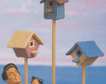 Birdhouse Trio Plastic Canvas Pattern Leaflet 1997 Vintage Doll Size Craft Annie's Attic Outdoor Decor