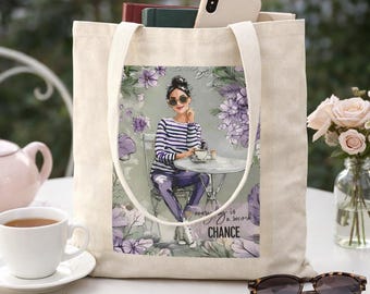 Coffee Girl Tote Bag Cotton Canvas Café Illustration Inspirational Quote Tote