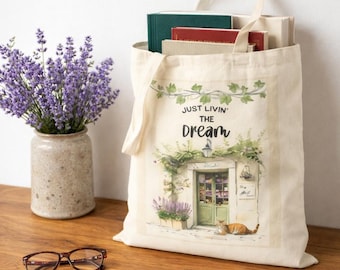 Just Livin' the Dream tote bag | Cottage doorway illustration, lavender accents