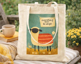 Whimsical Sheep Illustration Tote | Everything Wool Be Alright Cotton Tote