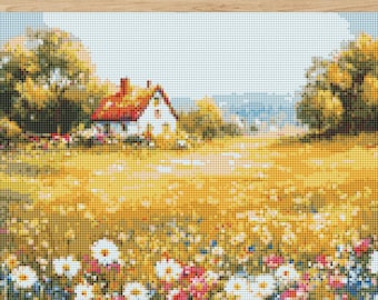 Summer Bloom Country Field Cross Stitch Pattern Wildflower Meadow Cottage Landscape Art  (PDF) 14 ct