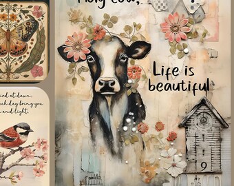 Cow Bird Butterfly Card Toppers Wordart Junk Journal Scrapbooking Gift Tags PDF Download