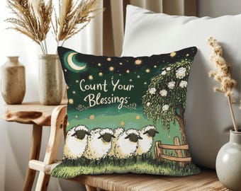Count Your Blessings Cross Stitch Pattern: Sheep, Tree, Moon Folk Art (PDF Pattern)