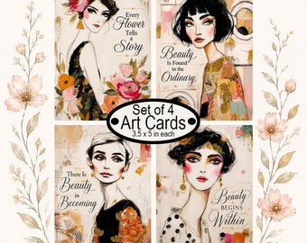 Set of 4 Art Cards Beautiful Women Floral Inspirational Quotes 3.5x5 Junk Journal Ephemera Collage Craft Supplies Digital Download