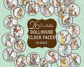 Dollhouse Clock Faces Printable Set of 26 for 1:12 Scale, Alphabet Little Angels DIY Miniature Clocks PDF Instant Download