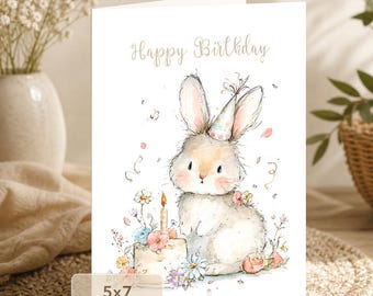 Cute Bunny Birthday Card with Cake and Flowers (5x7 Digital Download)
