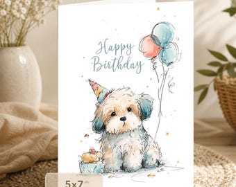Cute Puppy Birthday Card: Balloons and Cupcake (5x7 Digital Download)