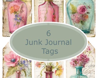 Romantic Floral Bottle Ephemera Tags Vintage Pink Glass Junk Journal Printable Set of 6