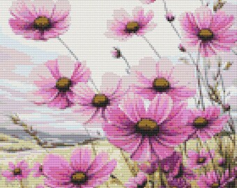 Pink Wildflowers Cross Stitch Pattern Floral Meadow Blossoms Soft Cottage Botanical Wall Art (PDF) 14 ct