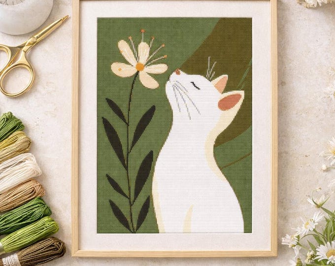 Featured listing image: White Cat and Flower Cross Stitch Pattern Minimal Animal Floral Nature Wall Art (PDF) 14 ct
