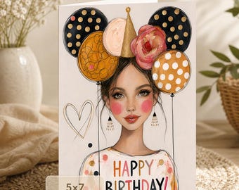 Whimsical Birthday Girl Balloons and Flowers Card (5x7 Digital Download)