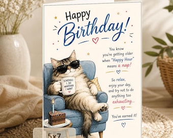 Funny Cat Birthday Card: Happy Hour Means a Nap (5x7 Digital Download)