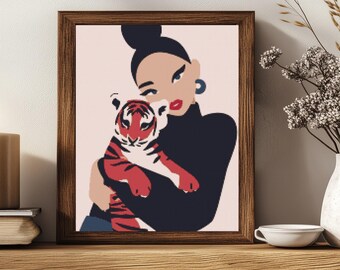Girl With Tiger Cross Stitch Pattern PDF for 14 ct Simple Modern Art Design