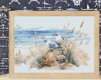 Beach Dunes And Seagulls Cross Stitch Pattern Coastal Shore Wall Art (PDF) 14 ct