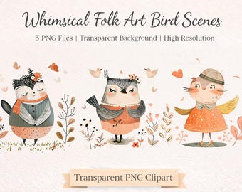 Whimsical Folk Art Bird Scenes Illustrated PNG Clipart for Greeting Cards Prints Crafts Designs