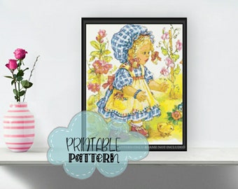 Little Girl and Chick Printable Cross Stitch Pattern f012 | Print and Stitch!