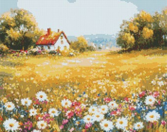 Summer Bloom Country Field Cross Stitch Pattern Wildflower Meadow Cottage Landscape Art  (PDF) 14 ct