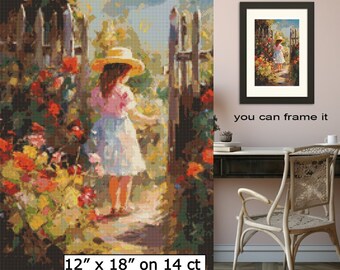 Enchanting Cross Stitch: Young Girl's Garden Stroll Printable Pattern Embroidery Sewing Children Garden Gate Flowers Path