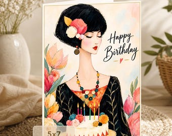 Elegant Woman Birthday Card: Floral Cake Celebration (5x7 Digital Download)