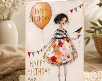 Whimsical Girl Happy Birthday Card Floral Dress (5x7 Digital Download)