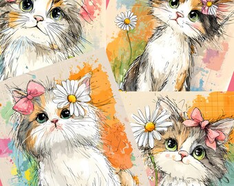 Calico Kitten Nursery Art Prints: Watercolor Bow & Daisy Decor (Digital Download + Midjourney Prompt
