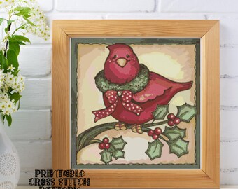 Christmas Redbird on a Holly Branch Printable Cross Stitch Pattern
