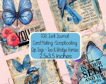 Inspirational Blue Butterfly Bird Junk Journal Scrapbooking Gift Tags Card Making