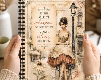 Paris Café Inspirational Spiral Notebook with Elegant Woman French Street Art Writing Journal Gift
