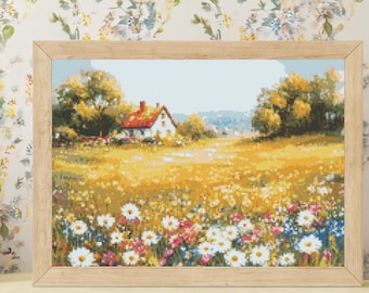 Summer Bloom Country Field Cross Stitch Pattern Wildflower Meadow Cottage Landscape Art  (PDF) 14 ct