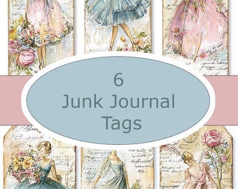 Romantic Victorian Lady Ephemera Tags Hand Drawn Style Pink Rose Junk Journal Set