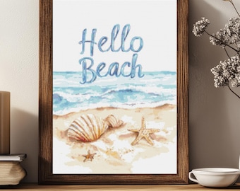 Hello Beach Cross Stitch Pattern Coastal Quote Seashells Ocean Decor Summer Wall Art (PDF) 14 ct