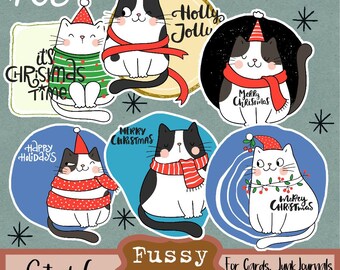Set of 6 Christmas Cat Fussy Cuts – Perfect for Holiday Cards, Scrapbooks & Journals