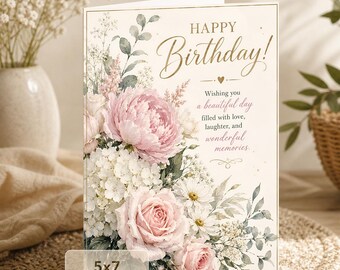 Elegant Floral Birthday Card: Pink Peonies and Roses (5x7 Digital Download)