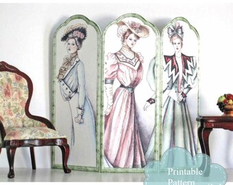 Victorian Ladies Printable Dollhouse Room Screen Miniature 1:12 Scale 016