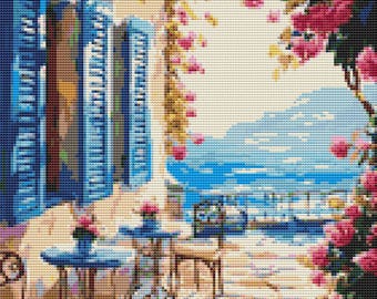 Seaside Rose Terrace Cross Stitch Pattern: Coastal Patio, Mediterranean Ocean View Art (PDF)