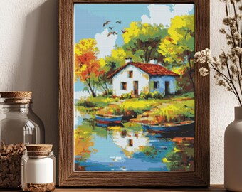 Autumn Reflections Lake Cross Stitch Pattern Fall Cottage Landscape Scenic Nature Art  (PDF) 14 ct