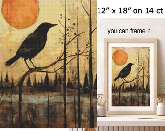 Primitive Rustic Charm Cross Stitch: Black Crow Branch Orange Moon, Pine Trees, and River Scene Printable Embroidery Instant Download