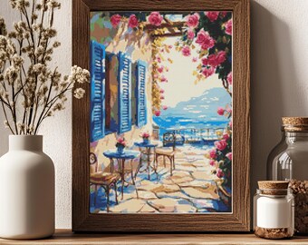 Seaside Rose Terrace Cross Stitch Pattern Coastal Patio Flowers Mediterranean Ocean View Art   (PDF) 14 ct