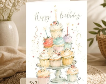 Cupcake Birthday Card: Colorful Watercolor Birthday Cupcakes (5x7 Digital Download)