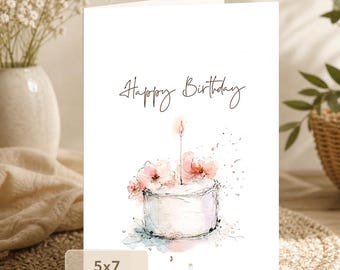 Floral Birthday Cake Card: Elegant Watercolor Flowers (5x7 Digital Download)