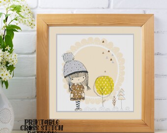 Cute Girl with Tree Printable Cross Stitch Pattern 23-04 Kids Room Nursery
