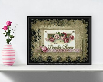 Victorian Mauve Roses Powder Room Printable Cross Stitch Pattern 012f