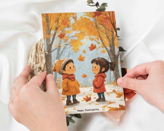 Heartwarming Thanksgiving Card with Children in Autumn Snowfall – 5 x 7 PRINTABLE - Instant Download Whimsical Scrapbooking, Journaling