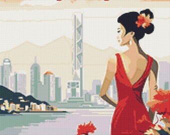 Hong Kong Travel Poster Cross Stitch Pattern: Elegant Lady, Skyline (Digital Download)